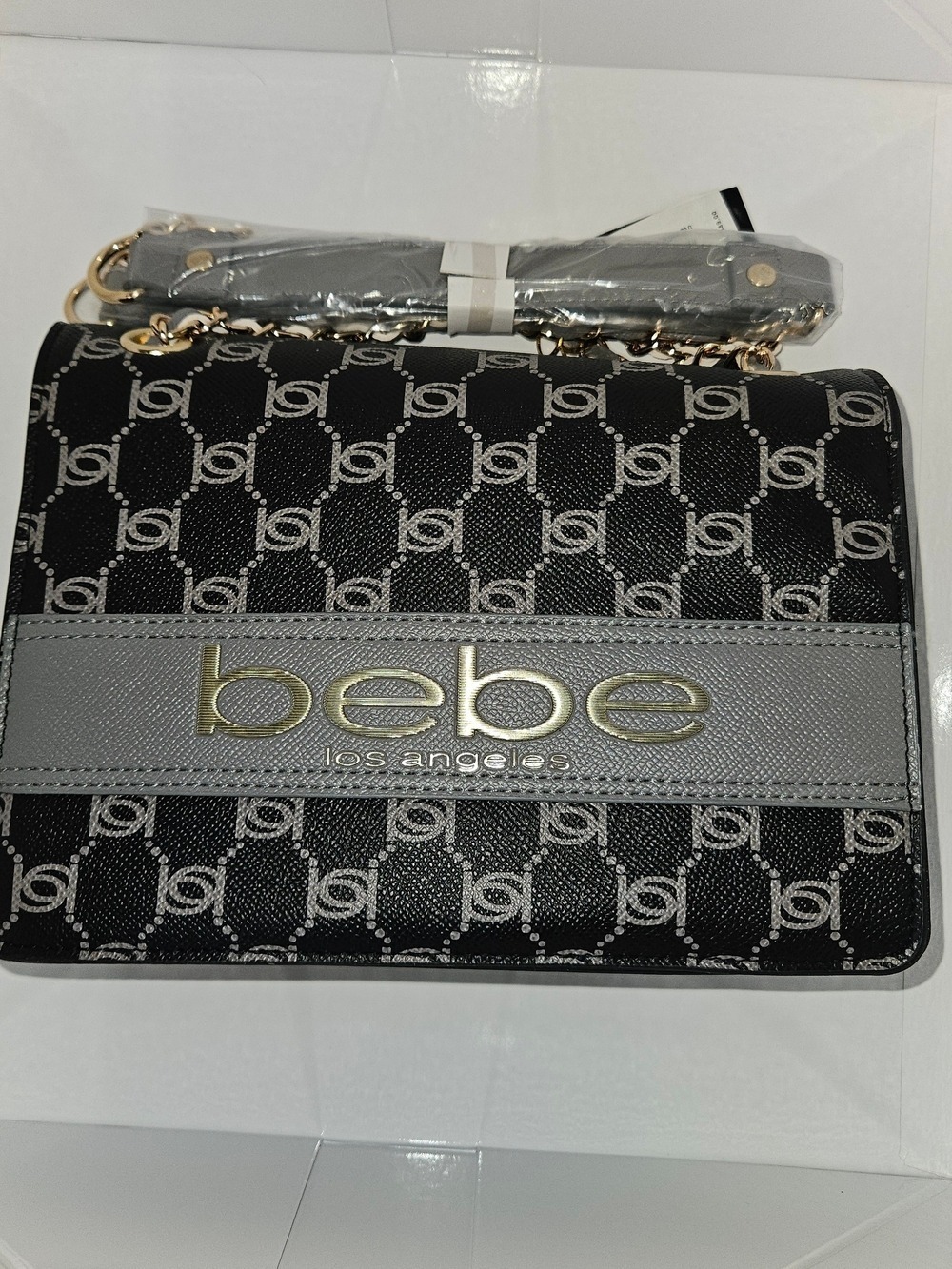 bebe Black and Gray Logo Chain Strap Crossbody Bag